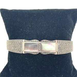 925 TH NF Signed Sterling Marcasite & Abalone Bracelet